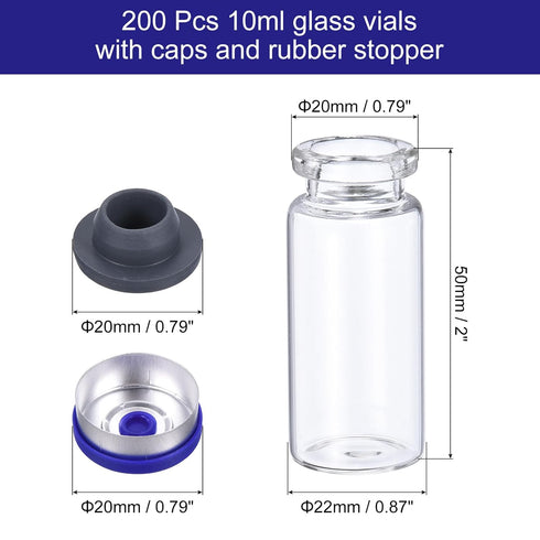 PATIKIL 200pcs 10ml Glass Vials, Small Empty Sample Bottles with Caps, Rubber Stopper for Lab Injection, Essential Oil