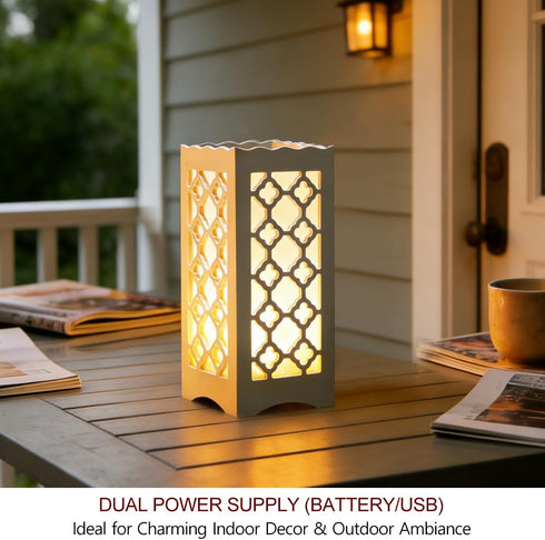 9" Tall LED Table Lamp with Flower Shaped Carving (Battery & USB Operated) - LED Desk Lamps Rechargeable with USB
