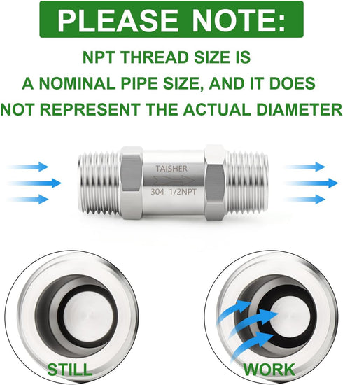 TAISHER 1PCS 304 Stainless Steel 1/2" NPT Male Check Valve, Backflow Prevention Non-Return Check Valves