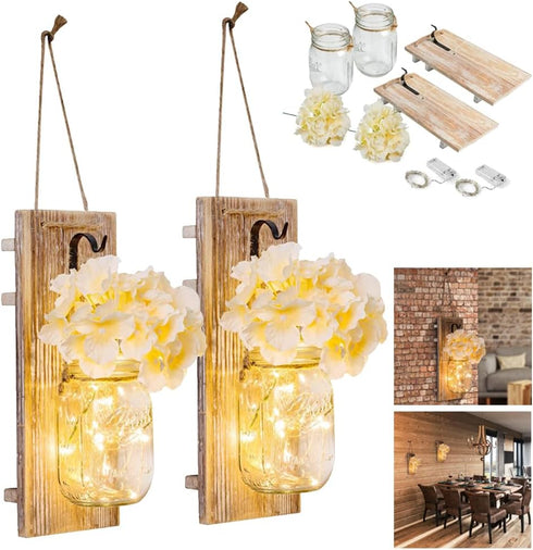 Mason Jar Wall Decor -Rustic with Hydrangea Flowers - Rustic Farmhouse Wall