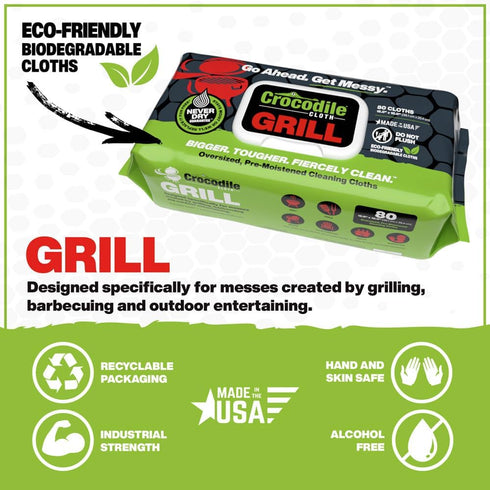 Crocodile Cloth Grill Cleaning Wipes, 80 Biodegradable (15" x 10"), Safe on Skin & Multiple Surfaces