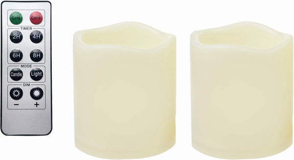 2 Waterproof Outdoor Battery Operated Flameless LED Pillar Candles with Remote Flickering