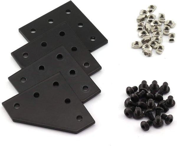 2020 Series Black L Shape Joint Plate Bracket Kit - 4pcs Joint Plate, 20pcs M5 T-Slot Nuts