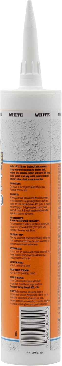 Gorilla Waterproof Caulk & Seal, 100% Silicone Sealant, All Purpose, White, 10oz Cartridge, Pack of 2