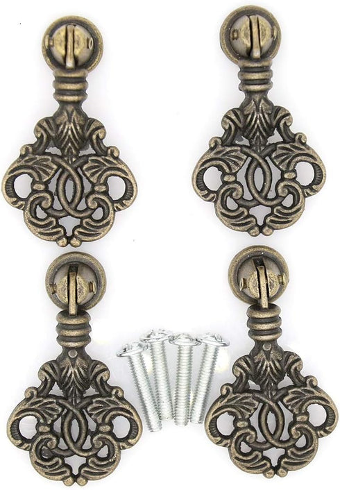 4 PCs Vintage Pendant Pull Handles - Antique Brass Drop Pulls for Cabinet Dresser Wardrobe, 2-13/64" Height