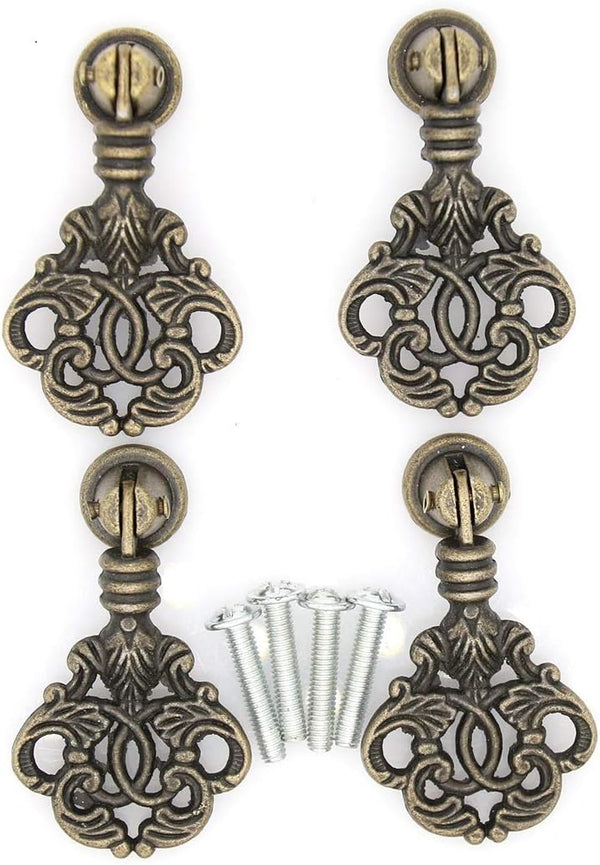 4 PCs Vintage Pendant Pull Handles - Antique Brass Drop Pulls for Cabinet Dresser Wardrobe, 2-13/64" Height