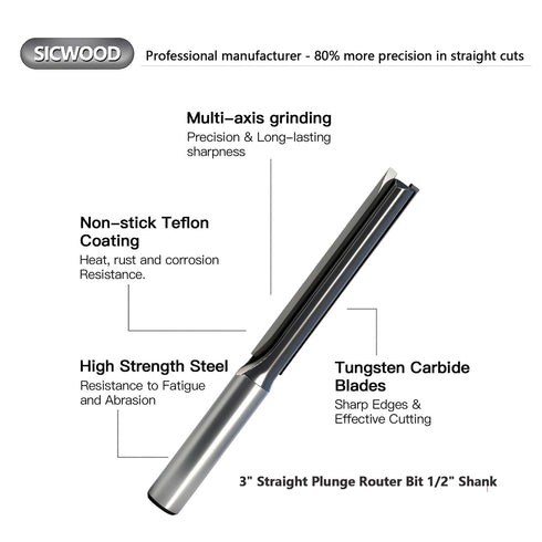3" 1/2" 2-Flute Extra Long Straight Plunge Router Bit Shank, Carbide-Tipped Bit for Deep Wood Grooving, Slotting & CNC