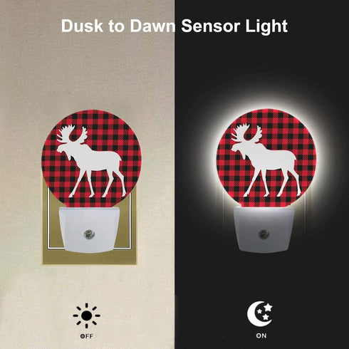 EKOBLA Moose Night Light Christmas Red Black Plaid Plug-in Nightlights Auto Sensor Energy Efficient Dusk to Dawn LED
