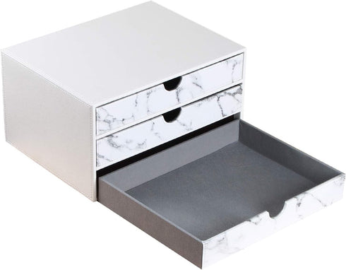 Leather Desk Organizer with 3 Drawers, Executive Office Supplies Desktop Filing Cabinet for Documents, White