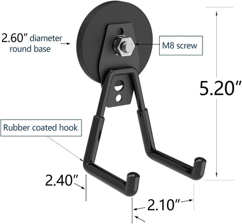 Heavy Duty Super Strong Magnetic Hooks (4-Pack) for Power Drill, Garden Tools, Hose, Straps, Steel Pegboard, Garage