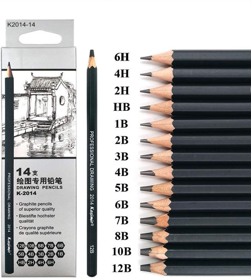 Sketch Pencil Drawing Set, 14 Pencils 6H, 4H, 2H, HB, 1B, 2B, 3B, 4B, 5B, 6B, 7B, 8B, 10B, 12B