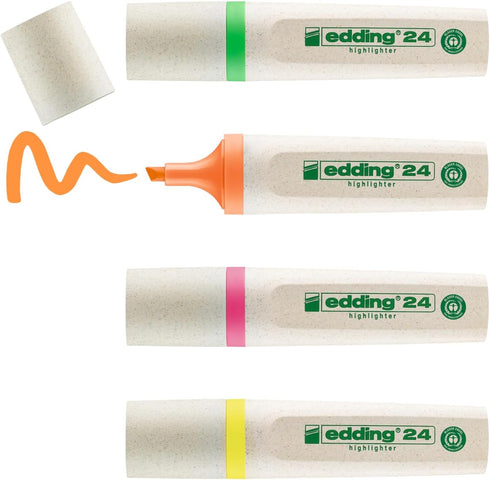 edding 24 EcoLine Highlighter Set of 4 - Yellow, Orange, Pink, Green, Refillable, Recyclable Material