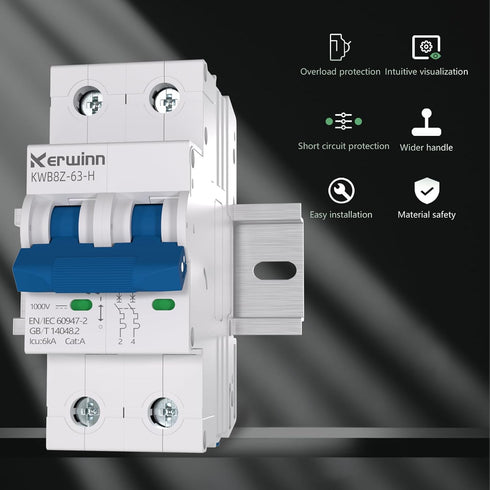 Miniature Circuit Breaker 1000V DC 2 Pole 63Amp Smart Circuit Breaker, DIN Rail Mount for Marine Power