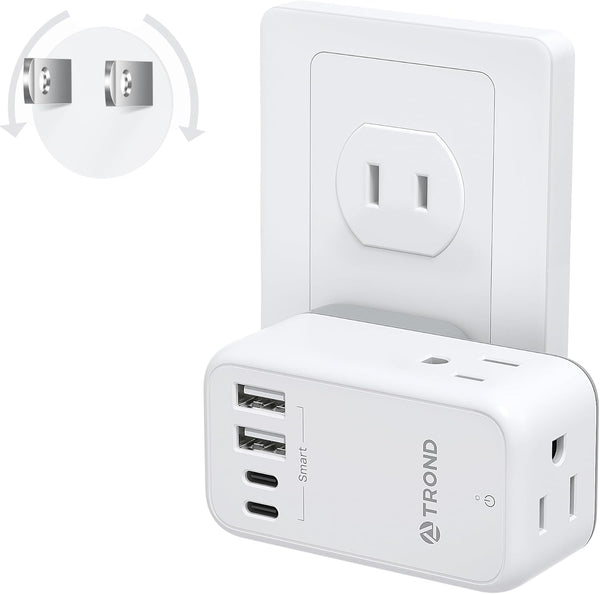 TROND 3 Prong to 2 Prong Adapter with 360 Rotating Plug, 2 Prong Outlet Extender with 3 AC Outlets and 4 USB Ports