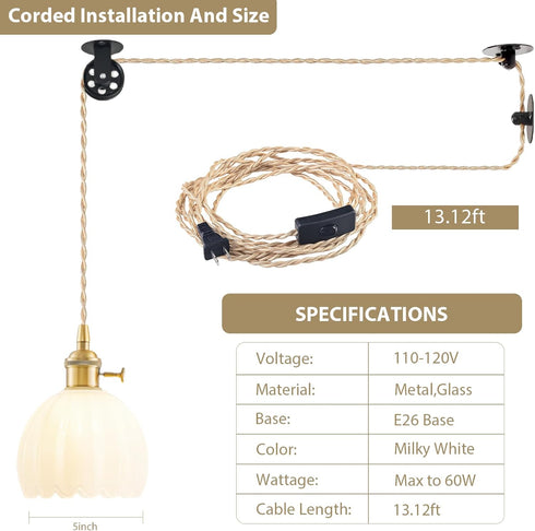 Plug in Pendant Light Fixtures, Hanging Light Fixture Vintage Glass Pendant Light, Mini Milk White Tulip Hanging Lamp