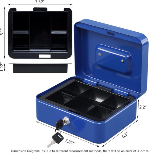 KYODOLED Cash Box with Money Tray, Storage Safe Lock Box with Key, Medium Blue Cash Drawer, 7.87"x6.30"x3.54"