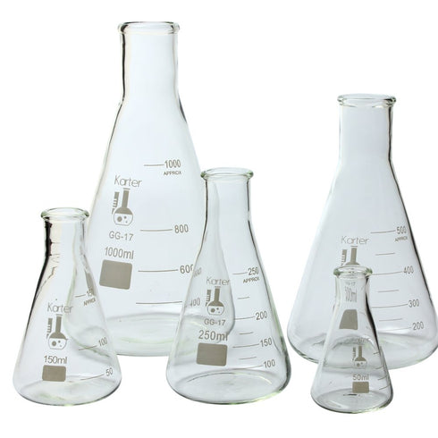 Karter Scientific Glass Flask 5 Piece Set | Narrow Mouth Erlenmeyer | Borosilicate Glass | 50ml to 1L