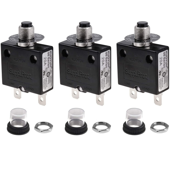 Thermal Circuit Breaker 20 Amps Manual Reset Push Button 32V DC 125/250V AC, 3Pcs Overload Protector