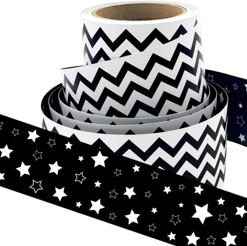 Black and White Chevron Bulletin Board Borders, Double-Sided Star Straight Border Trim for Classroom Decoration (36ft)