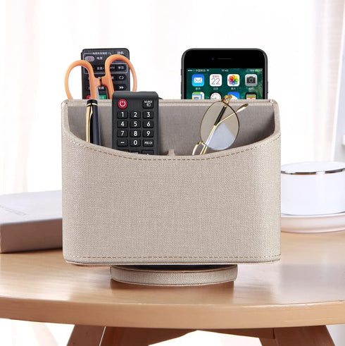 PUSU Leather 360° Rotatable Remote Control Holder, Nightstand Caddy, Office Supplies Desktop Organizer for Pen, Mail,