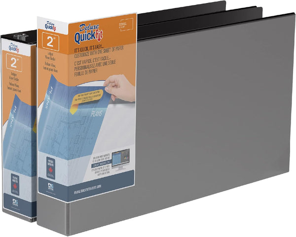 QuickFit Heavy Duty 11 x 17 Inch Spreadsheet View Binder - 2 Inch, Locking Angle D Ring, Black, 2 Pack