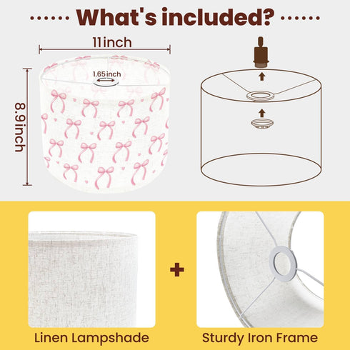 LASENLANP Seamless 8.9"x11" Drum Lamp Shade Cute Coquette Aesthetic Pattern Pink Ribbon Bow White Lampshade for Floor