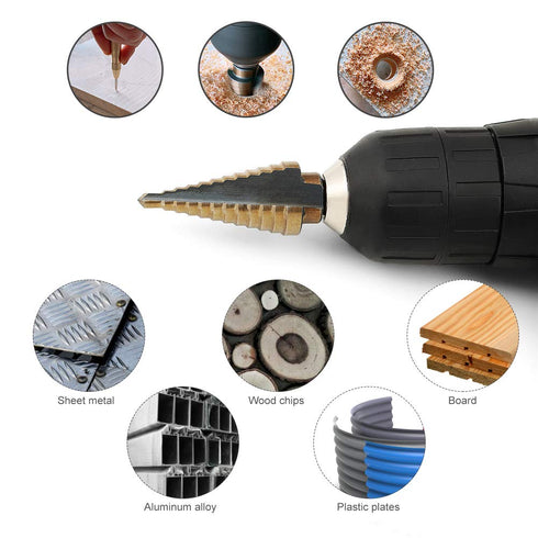 COMOWARE Step Drill Bit Set & Automatic Center Punch - Black and Gold, High Speed Steel, Set of 5 pcs