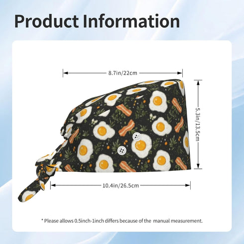 Nurse Scrub Cap Men Women with Buttons - Egg Bacon Leaves Print Soft Comfy Surgical Cap, Adjustable Tie Back Scrub