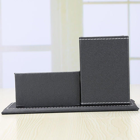 KINGFOM PU Leather Desk Organizer and Accessories, Black Pencil Holder with Business Cards Stand, School Office