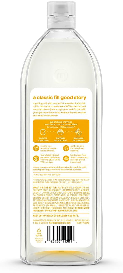 48 oz Method Super Shine Liquid Dish Soap Refill, Powered by Enzymes, Coastal Citron Scented, fl