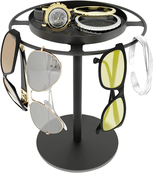 LSK Metal Sunglasses Organizer, Eyeglasses Holder Stand with Storage Tray, Anti-Slip Pads for Desk, Matte Black