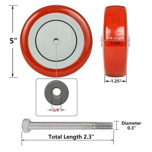 5" 1-1/4" 3/8" Red(4 Pack) Shopping Cart Wheel, Diameter X Width Polyurethane Wheel, Axle Diameter