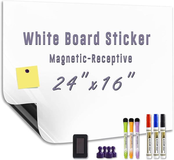 Magnetic White Board Sticker - 24'' x 16'' Adhesive Dry Erase Board for Wall, Contact Paper for Kids, Office, Home,