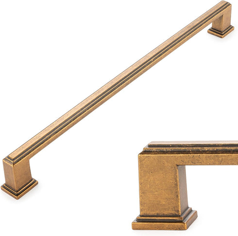 KOOFIZO Stepped Bar Cabinet Pull, Antique Brass Handle, 10 Inch/256mm Screw Spacing for Kitchen Cupboard, Dresser Drawer