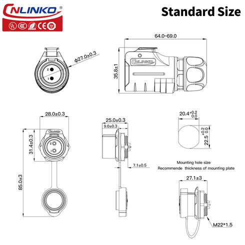 CNLINKO LP20 2 Pin Waterproof Connectors, IP68 Circular Fast Locking Plug, 2-12 Pin Power Connector