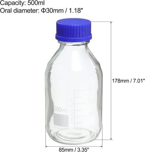 PATIKIL 500mL Reagent Media Bottle, 2Pcs Round Graduated Glass Storage Bottle Blue Screw Cap for Chemistry Lab Universities Home, Clear by PATIKIL