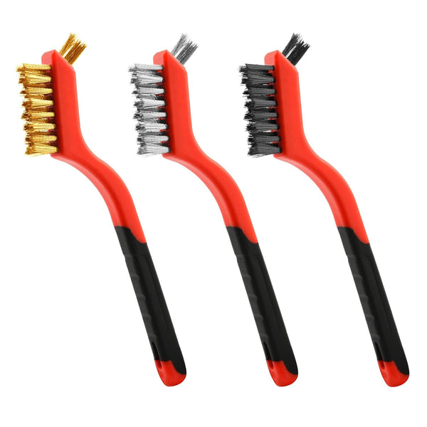 Wire Brush Set, 3 Pcs Stainless Steel/Brass/Nylon for Cleaning with Curved Handle Grip for Rust Removal