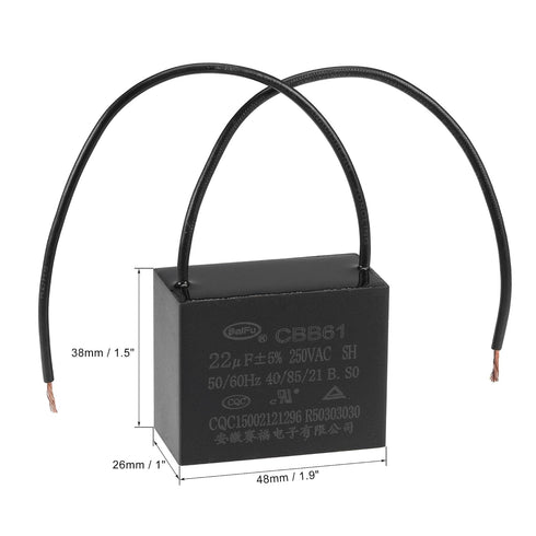 uxcell Ceiling Fan Capacitor CBB61, 22uF 250V AC, 2 Wires Metallized Polypropylene Film Capacitor, 2Pcs