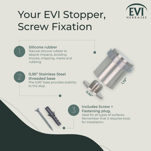 EVI Stainless Steel Door Stopper, Screw Fastening with Transparent Rubber Protector, 0.95 x 1.19 Inch