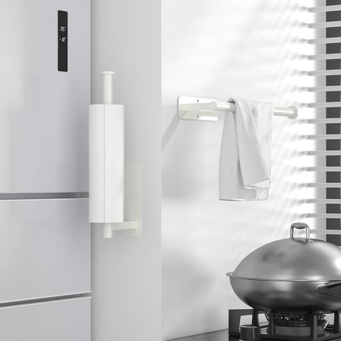 ASTOFLI Wall Mount Paper Towel Holder, Self Adhesive Under Cabinet, No Drilling, Stick On Kitchen Decor (White)