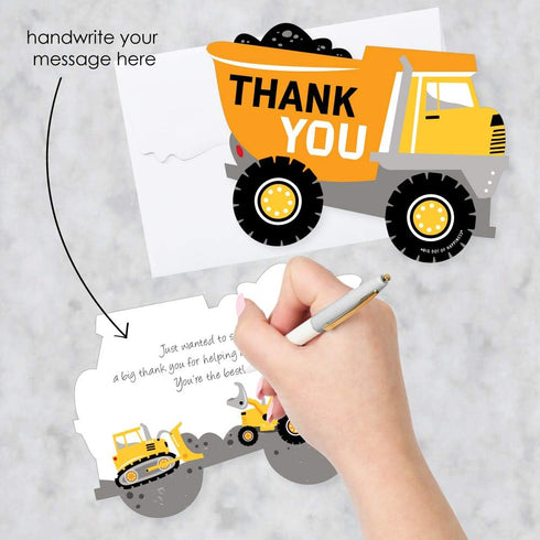 Set 12 Big Dot of Happiness Dig It - Construction Party Zone - Shaped Thank You Cards - Baby Shower or Birthday Party