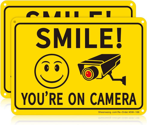 Sheenwang 2-Pack Smile You’re on Camera Sign, Video Surveillance Outdoor Signs, 10 x 7 in Aluminum Security