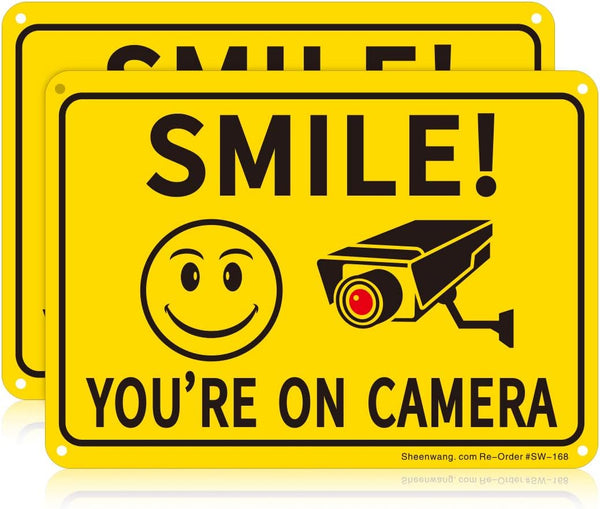 Sheenwang 2-Pack Smile You’re on Camera Sign, Video Surveillance Outdoor Signs, 10 x 7 in Aluminum Security