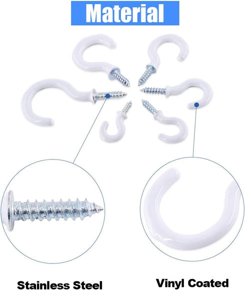 Glarks 100-Pieces White Vinyl Coated Cup Hooks – Screw-in Ceiling Hooks Assortment Kit for Home and Office