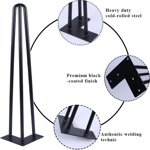 Osring 16 Inch 1/2 3-Rods, 4 Pack Hairpin Table Legs with Dia Metal Furniture Legs for Coffee Table and TV Stand