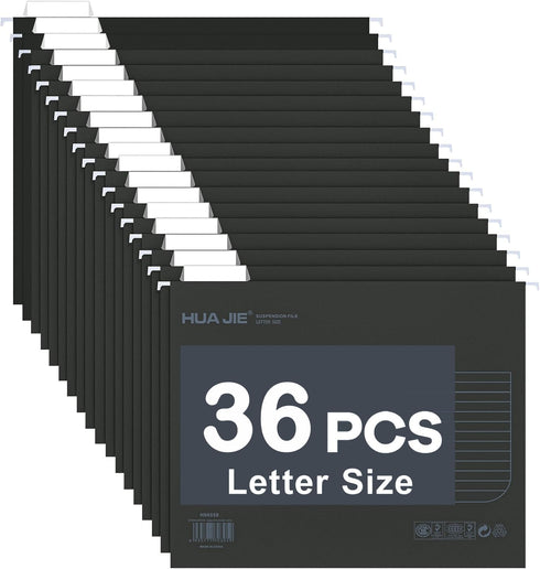 MerryNine 36pcs Black Hanging File Folders, Letter Size, 1/5-cut Adjustable Tabs, Inserts