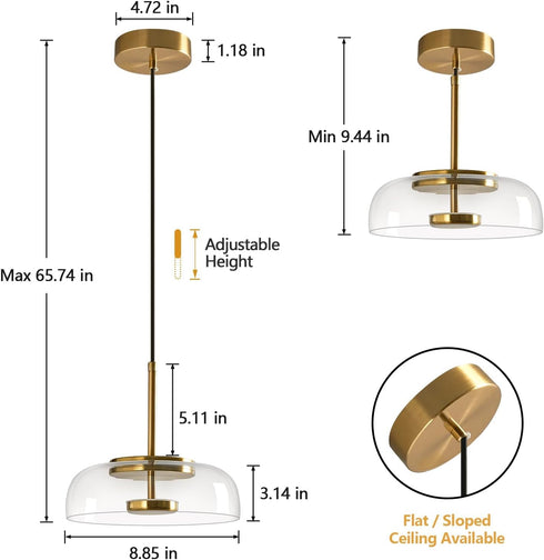 LBSQJ 6000K (8.85 1 Pack) Clear Glass Pendant Lights Kitchen Island Modern LED Pendant Light Fixtures Gold Finish