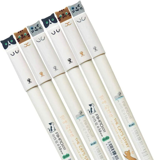 Sencoo Colorful Cats Design Gel Pens, 0.38mm Black Ink Pack of 6 Pcs