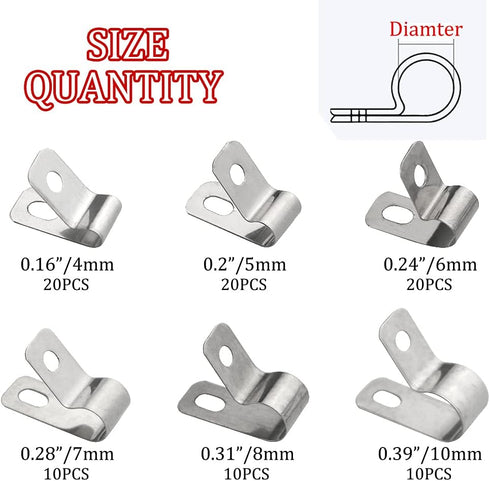 XINGYHENG 90pcs Metal Cable Clamps Fastener Assortment Kit 3.2-9mm for Wire Tube Plastic Wire Cord Management
