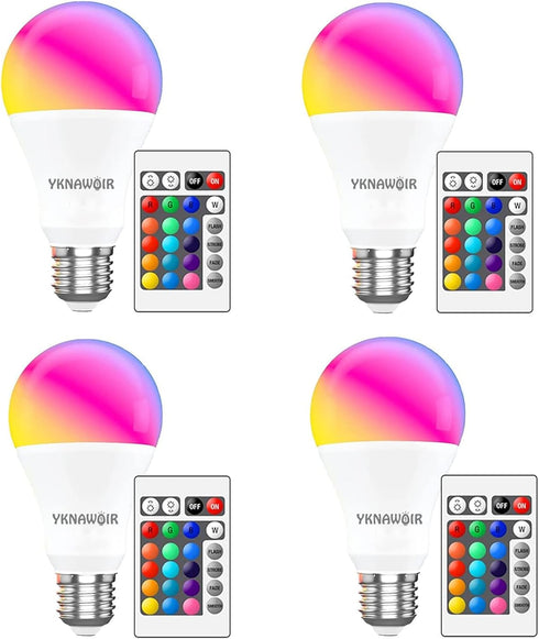 Color Changing Light Bulb with Remote, RGB 9W A19, 6500K White E27/E26, 16 Color Choices, Dimmable (4 Pack)